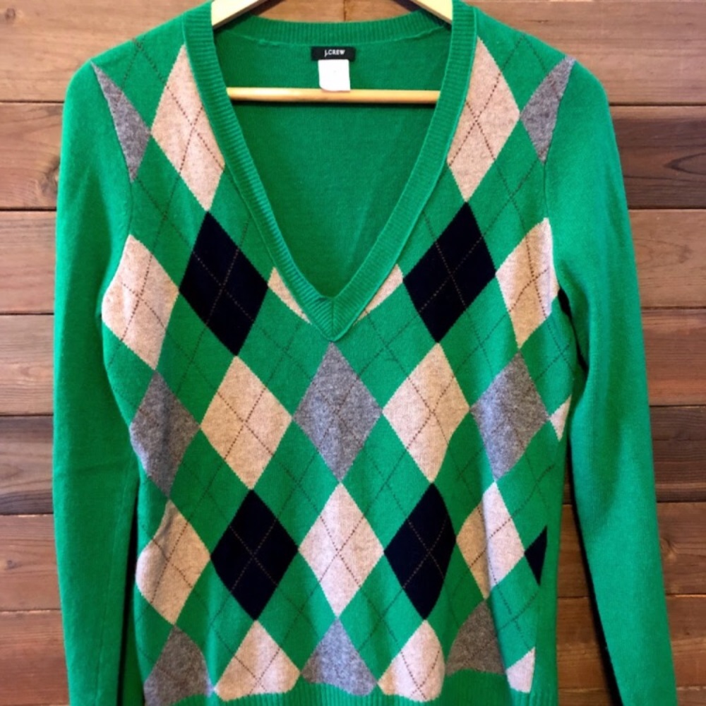 J Crew green & gray argyle v neck sweater